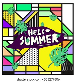 Trendy vector summer cards illustration with line elements and abstract colorful textures. Design for poster, card, invitation, brochure, and promotion template. Fashion art print and background.