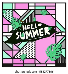 Trendy vector summer cards illustration with line elements and abstract colorful textures. Design for poster, card, invitation, brochure, and promotion template. Fashion art print and background.