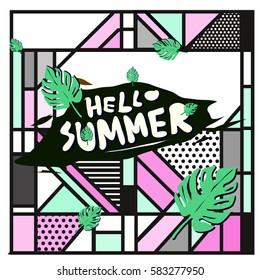 Trendy vector summer cards illustration with line elements and abstract colorful textures. Design for poster, card, invitation, brochure, and promotion template. Fashion art print and background.