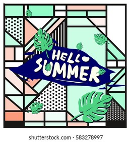Trendy vector summer cards illustration with line elements and abstract colorful textures. Design for poster, card, invitation, brochure, and promotion template. Fashion art print and background.