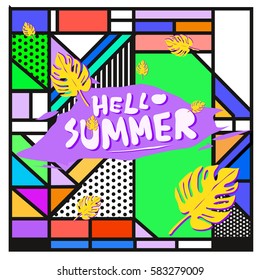 Trendy vector summer cards illustration with line elements and abstract colorful textures. Design for poster, card, invitation, brochure, and promotion template. Fashion art print and background.