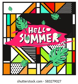Trendy vector summer cards illustration with line elements and abstract colorful textures. Design for poster, card, invitation, brochure, and promotion template. Fashion art print and background.