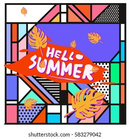 Trendy vector summer cards illustration with line elements and abstract colorful textures. Design for poster, card, invitation, brochure, and promotion template. Fashion art print and background.