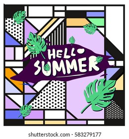 Trendy vector summer cards illustration with line elements and abstract colorful textures. Design for poster, card, invitation, brochure, and promotion template. Fashion art print and background.