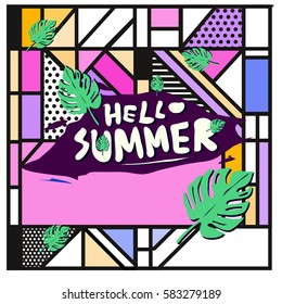 Trendy vector summer cards illustration with line elements and abstract colorful textures. Design for poster, card, invitation, brochure, and promotion template. Fashion art print and background.