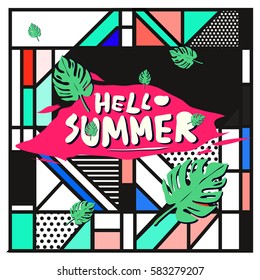 Trendy vector summer cards illustration with line elements and abstract colorful textures. Design for poster, card, invitation, brochure, and promotion template. Fashion art print and background.