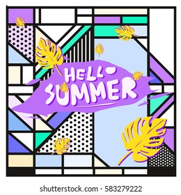 Trendy vector summer cards illustration with line elements and abstract colorful textures. Design for poster, card, invitation, brochure, and promotion template. Fashion art print and background.