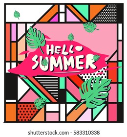 Trendy vector summer cards illustration with line elements and abstract colorful textures. Design for poster, card, invitation, brochure, and promotion template. Fashion art print and background.
