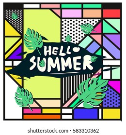 Trendy vector summer cards illustration with line elements and abstract colorful textures. Design for poster, card, invitation, brochure, and promotion template. Fashion art print and background.