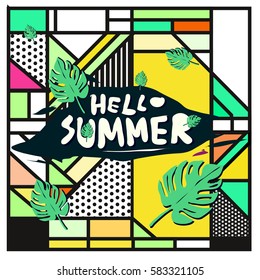 Trendy vector summer cards illustration with line elements and abstract colorful textures. Design for poster, card, invitation, brochure, and promotion template. Fashion art print and background.