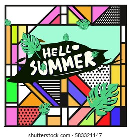 Trendy vector summer cards illustration with line elements and abstract colorful textures. Design for poster, card, invitation, brochure, and promotion template. Fashion art print and background.