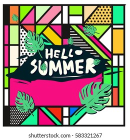 Trendy vector summer cards illustration with line elements and abstract colorful textures. Design for poster, card, invitation, brochure, and promotion template. Fashion art print and background.
