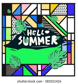 Trendy vector summer cards illustration with line elements and abstract colorful textures. Design for poster, card, invitation, brochure, and promotion template. Fashion art print and background.