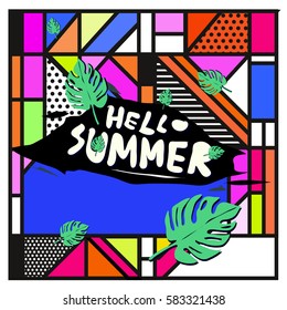 Trendy vector summer cards illustration with line elements and abstract colorful textures. Design for poster, card, invitation, brochure, and promotion template. Fashion art print and background.