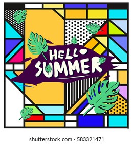 Trendy vector summer cards illustration with line elements and abstract colorful textures. Design for poster, card, invitation, brochure, and promotion template. Fashion art print and background.