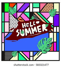 Trendy vector summer cards illustration with line elements and abstract colorful textures. Design for poster, card, invitation, brochure, and promotion template. Fashion art print and background.