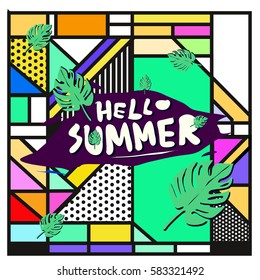 Trendy vector summer cards illustration with line elements and abstract colorful textures. Design for poster, card, invitation, brochure, and promotion template. Fashion art print and background.