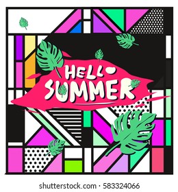 Trendy vector summer cards illustration with line elements and abstract colorful textures. Design for poster, card, invitation, brochure, and promotion template. Fashion art print and background.
