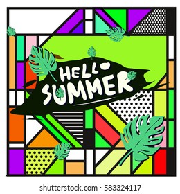 Trendy vector summer cards illustration with line elements and abstract colorful textures. Design for poster, card, invitation, brochure, and promotion template. Fashion art print and background.