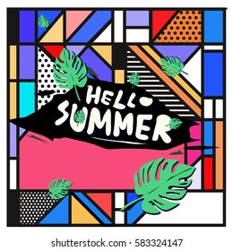 Trendy vector summer cards illustration with line elements and abstract colorful textures. Design for poster, card, invitation, brochure, and promotion template. Fashion art print and background.