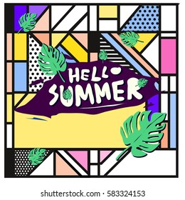 Trendy vector summer cards illustration with line elements and abstract colorful textures. Design for poster, card, invitation, brochure, and promotion template. Fashion art print and background.