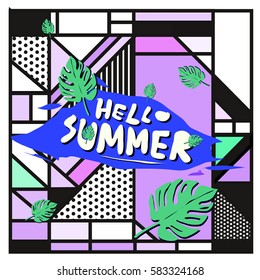 Trendy vector summer cards illustration with line elements and abstract colorful textures. Design for poster, card, invitation, brochure, and promotion template. Fashion art print and background.