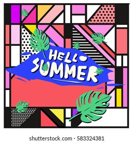 Trendy vector summer cards illustration with line elements and abstract colorful textures. Design for poster, card, invitation, brochure, and promotion template. Fashion art print and background.