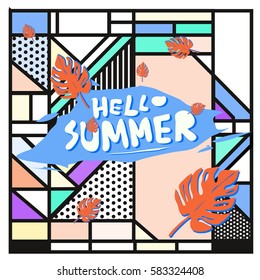 Trendy vector summer cards illustration with line elements and abstract colorful textures. Design for poster, card, invitation, brochure, and promotion template. Fashion art print and background.