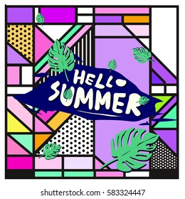 Trendy vector summer cards illustration with line elements and abstract colorful textures. Design for poster, card, invitation, brochure, and promotion template. Fashion art print and background.