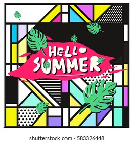 Trendy vector summer cards illustration with line elements and abstract colorful textures. Design for poster, card, invitation, brochure, and promotion template. Fashion art print and background.