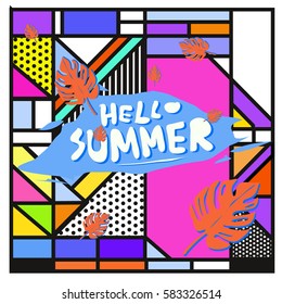 Trendy vector summer cards illustration with line elements and abstract colorful textures. Design for poster, card, invitation, brochure, and promotion template. Fashion art print and background.