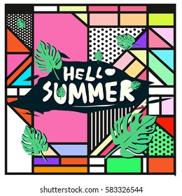 Trendy vector summer cards illustration with line elements and abstract colorful textures. Design for poster, card, invitation, brochure, and promotion template. Fashion art print and background.