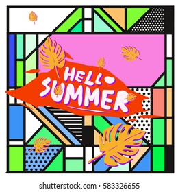 Trendy vector summer cards illustration with line elements and abstract colorful textures. Design for poster, card, invitation, brochure, and promotion template. Fashion art print and background.