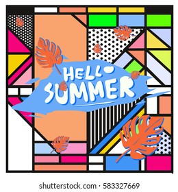 Trendy vector summer cards illustration with line elements and abstract colorful textures. Design for poster, card, invitation, brochure, and promotion template. Fashion art print and background.