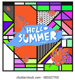Trendy vector summer cards illustration with line elements and abstract colorful textures. Design for poster, card, invitation, brochure, and promotion template. Fashion art print and background.