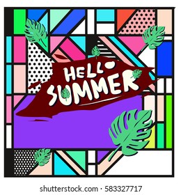 Trendy vector summer cards illustration with line elements and abstract colorful textures. Design for poster, card, invitation, brochure, and promotion template. Fashion art print and background.