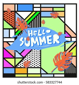 Trendy vector summer cards illustration with line elements and abstract colorful textures. Design for poster, card, invitation, brochure, and promotion template. Fashion art print and background.