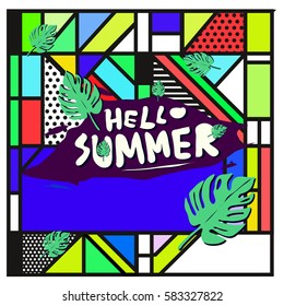 Trendy vector summer cards illustration with line elements and abstract colorful textures. Design for poster, card, invitation, brochure, and promotion template. Fashion art print and background.