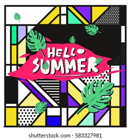 Trendy vector summer cards illustration with line elements and abstract colorful textures. Design for poster, card, invitation, brochure, and promotion template. Fashion art print and background.