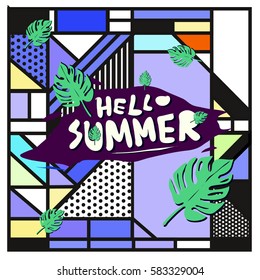 Trendy vector summer cards illustration with line elements and abstract colorful textures. Design for poster, card, invitation, brochure, and promotion template. Fashion art print and background.