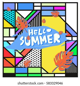 Trendy vector summer cards illustration with line elements and abstract colorful textures. Design for poster, card, invitation, brochure, and promotion template. Fashion art print and background.