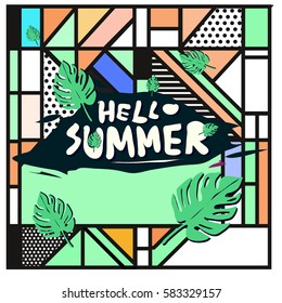 Trendy vector summer cards illustration with line elements and abstract colorful textures. Design for poster, card, invitation, brochure, and promotion template. Fashion art print and background.
