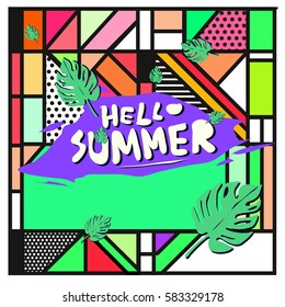 Trendy vector summer cards illustration with line elements and abstract colorful textures. Design for poster, card, invitation, brochure, and promotion template. Fashion art print and background.