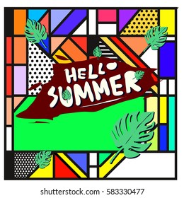 Trendy vector summer cards illustration with line elements and abstract colorful textures. Design for poster, card, invitation, brochure, and promotion template. Fashion art print and background.