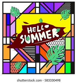 Trendy vector summer cards illustration with line elements and abstract colorful textures. Design for poster, card, invitation, brochure, and promotion template. Fashion art print and background.