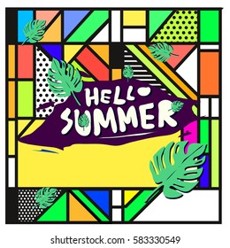 Trendy vector summer cards illustration with line elements and abstract colorful textures. Design for poster, card, invitation, brochure, and promotion template. Fashion art print and background.