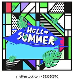Trendy vector summer cards illustration with line elements and abstract colorful textures. Design for poster, card, invitation, brochure, and promotion template. Fashion art print and background.