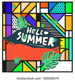 Trendy vector summer cards illustration with line elements and abstract colorful textures. Design for poster, card, invitation, brochure, and promotion template. Fashion art print and background.