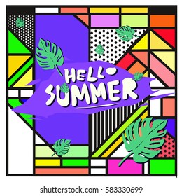 Trendy vector summer cards illustration with line elements and abstract colorful textures. Design for poster, card, invitation, brochure, and promotion template. Fashion art print and background.