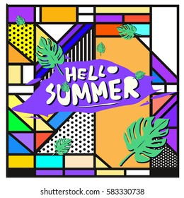 Trendy vector summer cards illustration with line elements and abstract colorful textures. Design for poster, card, invitation, brochure, and promotion template. Fashion art print and background.